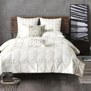 3 pc -Queen Tufted Embroidered Cotton Comforter Set - White-Grey
