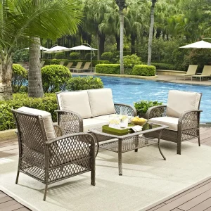 4Pc Outdoor Wicker Conversation Set - Loveseat, Coffee Table, & 2 Arm Chairs