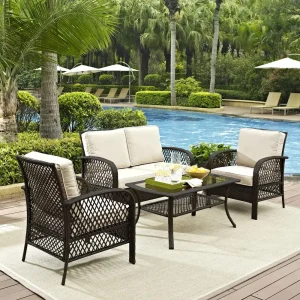 4Pc Outdoor Wicker Conversation Set- Loveseat, Coffee Table, 2 Arm Chairs
