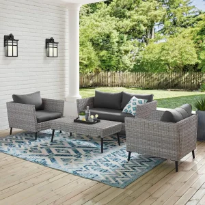 4Pc Outdoor Wicker Conversation Set - Loveseat, Coffee Table, 2 Arm Chairs