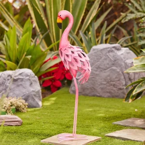 34-Inch Pink Flamingo Outdoor Metal Garden Statue